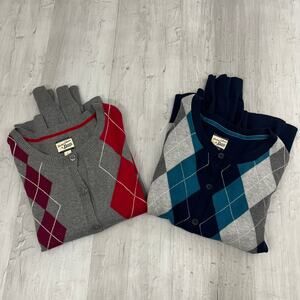 Bass Heritage Collection Red Blue Argyle Button Up Long Sleeve 2 Sweater Bundle